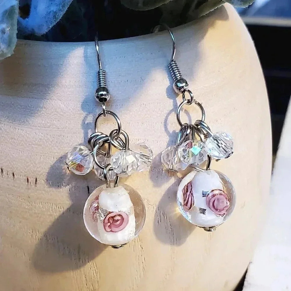 Handcrafted White Murano Glass Flower Czech Crystal Beads Cluster Earrings